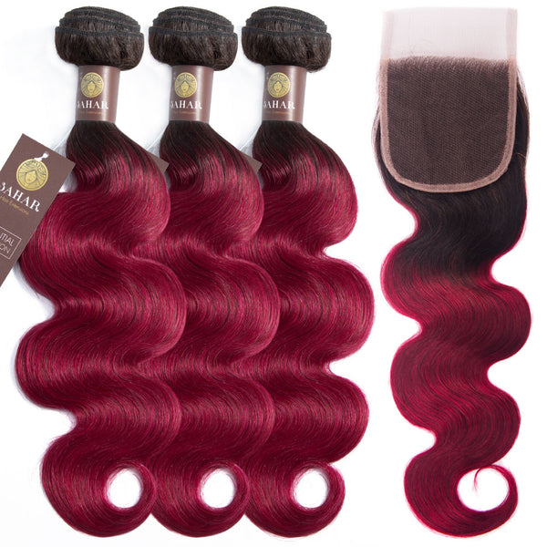 Fuchsia Queen Remy Human Hair Bundle with Closure / Body Wave Dip Dye