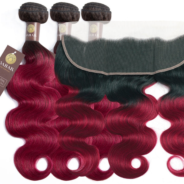 Fuchsia Queen Remy Human Hair Bundle with Frontal / Body Wave Dip Dye