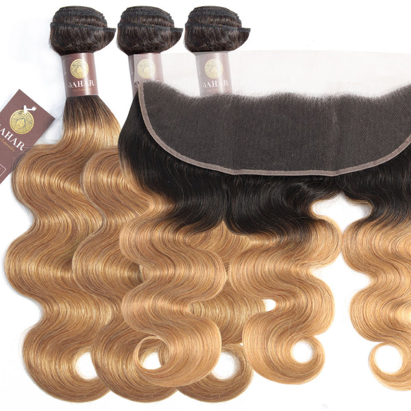 Strawberry Blonde Remy Hair Bundle with Frontal / Body Wave Dip Dye