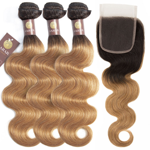 Strawberry Blonde Remy Human Hair Bundle with Closure / Body Wave Dip Dye