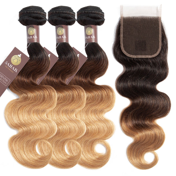Ombre Chocolate Brown / Strawberry Blonde Remy Hair Bundle with Closure / Body Wave