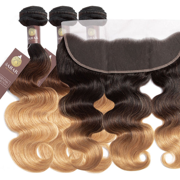 Ombre Chocolate Brown / Strawberry Blonde Remy Hair Bundle with Frontal / Body Wave