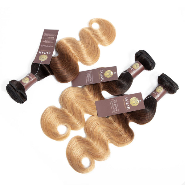 Ombre Chocolate Brown / Strawberry Blonde Remy Hair Bundle with Frontal / Body Wave