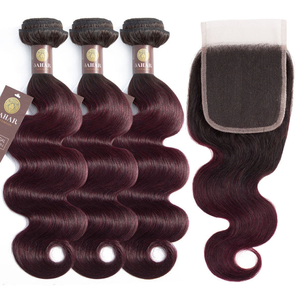 Midnight Red Remy Human Hair Bundle with Closure / Body Wave Dip Dye