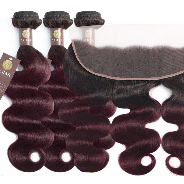 Midnight Red Remy Human Hair Bundle with Frontal / Body Wave Dip Dye