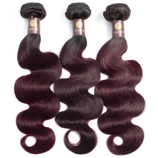Midnight Red Remy Human Hair Bundle with Frontal / Body Wave Dip Dye