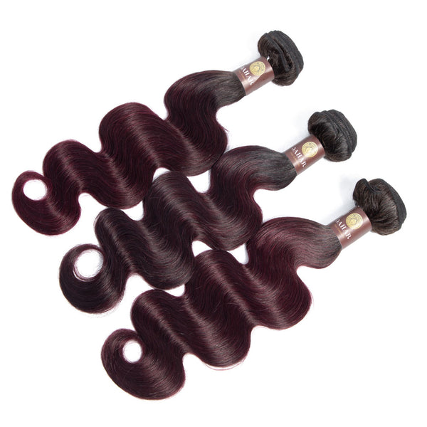 Midnight Red Remy Human Hair Bundle with Frontal / Body Wave Dip Dye