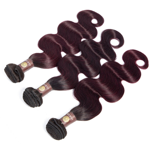 Midnight Red Remy Human Hair Bundle with Frontal / Body Wave Dip Dye