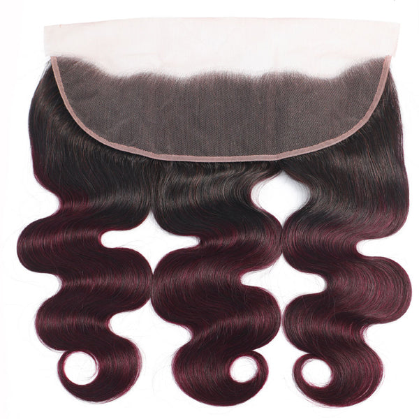 Midnight Red Remy Human Hair Bundle with Frontal / Body Wave Dip Dye