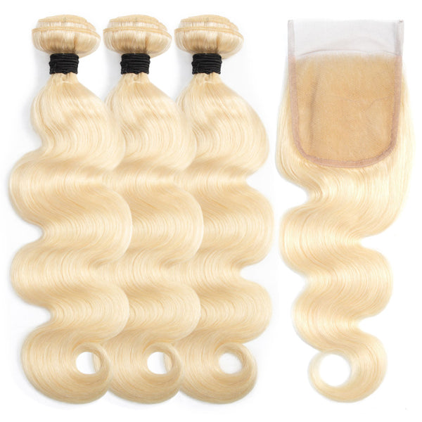 Beach Blonde Remy Human Hair Bundle with Closure / Body Wave