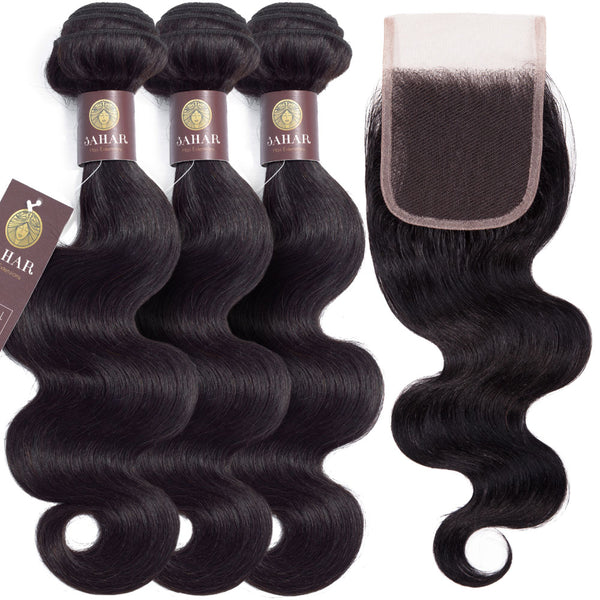 Body Wave Virgin Human Hair Bundle with 4x4 Closure / 8A Natural Black