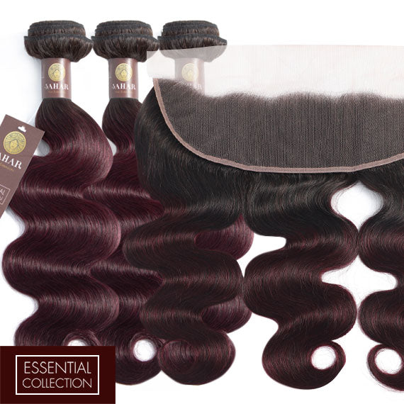 Midnight Red Remy Human Hair Bundle with Frontal / Body Wave Dip Dye