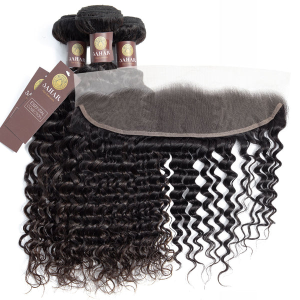 Deep Wave Virgin Human Hair Bundle with Frontal / 8A Natural Black