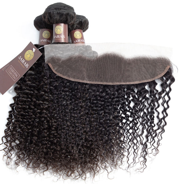 Jerry Curl Virgin Human Hair Bundle with Frontal / 8A Natural Black