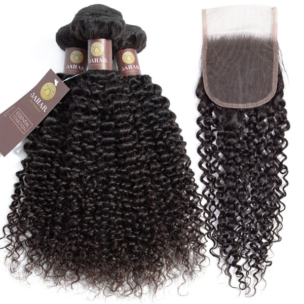 Jerry Curl Virgin Human Hair Bundle with 4x4 Closure / 8A Natural Black