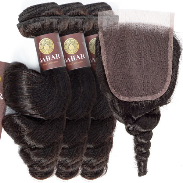Loose Wave Virgin Human Hair Bundle with 4x4 Closure / 8A Natural Black