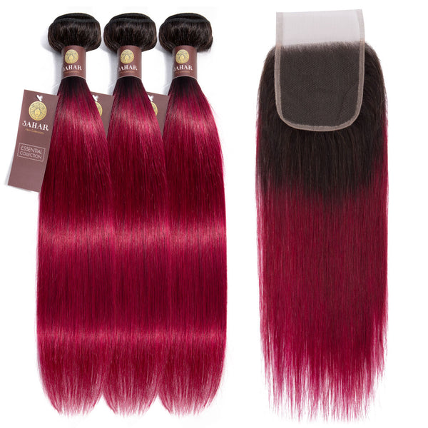 Fuchsia Queen Remy Human Hair Bundle with Closure / Straight Dip Dye
