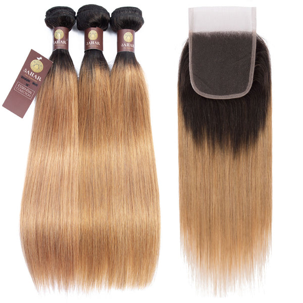 Strawberry Blonde Remy Human Hair Bundle with Closure / Straight Dip Dye