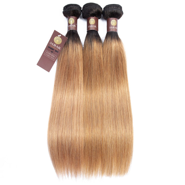 Strawberry Blonde Remy Human Hair Bundle with Closure / Straight Dip Dye