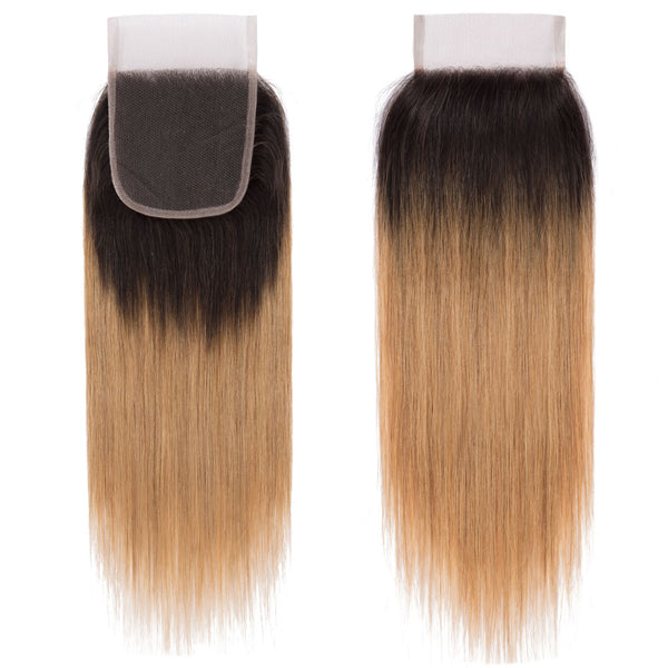 Strawberry Blonde Remy Human Hair Bundle with Closure / Straight Dip Dye