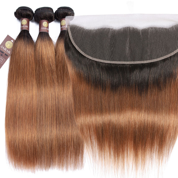 Auburn Remy Hair Bundle with Frontal / Straight Dip Dye