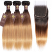 Ombre Chocolate Brown / Strawberry Blonde Remy Hair Bundle with Closure / Straight