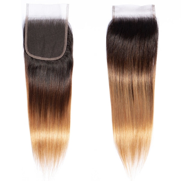 Ombre Chocolate Brown / Strawberry Blonde Remy Hair Bundle with Closure / Straight