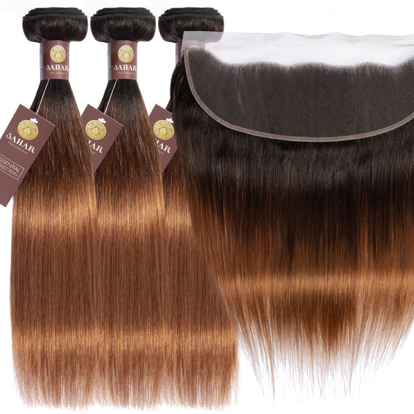Ombre Chocolate Brown / Auburn Remy Hair Bundle with Frontal / Straight