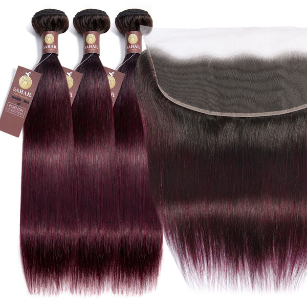 Midnight Red Remy Human Hair Bundle with Frontal / Straight Dip Dye