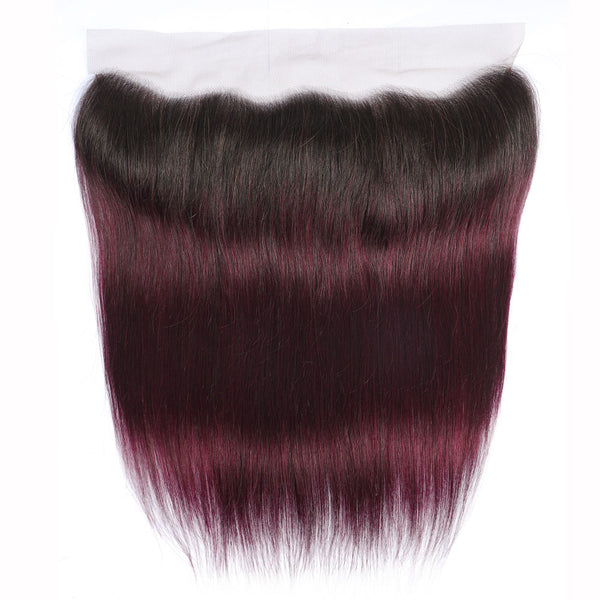 Midnight Red Remy Human Hair Bundle with Frontal / Straight Dip Dye