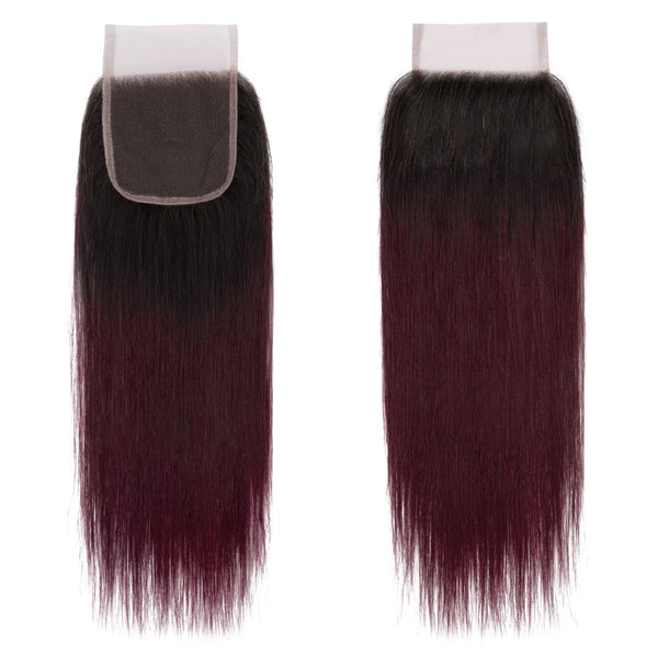 Midnight Red Remy Human Hair Bundle with Closure / Straight Dip Dye
