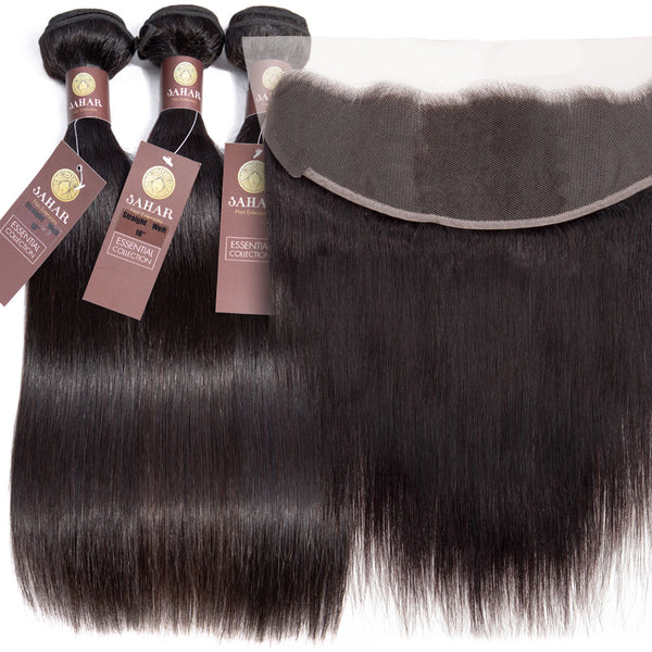 Straight Virgin Human Hair Bundle with Frontal / 8A Natural Black