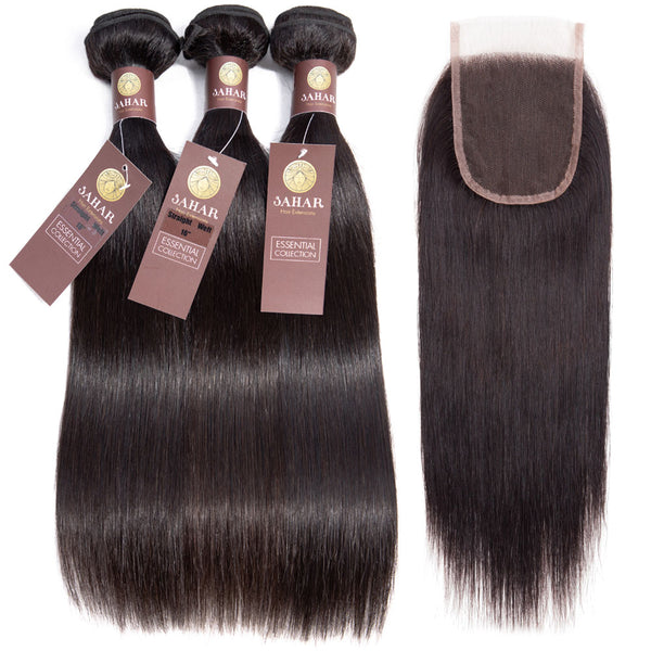 Straight Virgin Human Hair Bundle with 4x4 Closure / 8A Natural Black