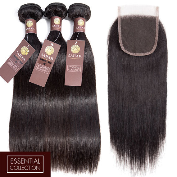 Straight Virgin Human Hair Bundle with 4x4 Closure / 8A Natural Black