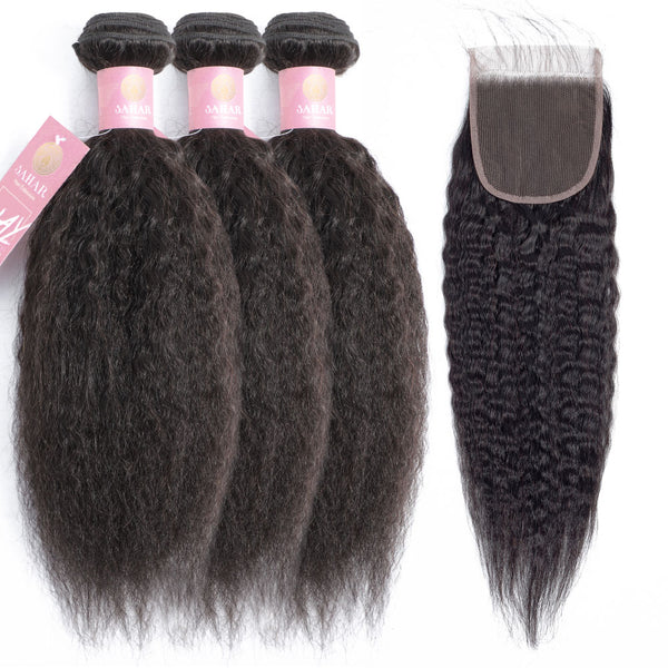 Kinky Straight Human Hair Bundle with Closure / 6A Black