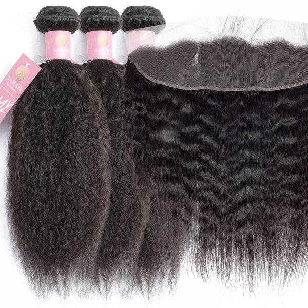 Kinky Straight Human Hair Bundle with Frontal / 6A Black