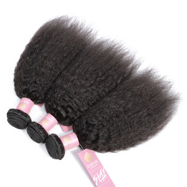 Kinky Straight Human Hair Bundle with Closure / 6A Black