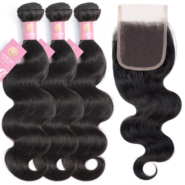 Body Wave Human Hair Bundle with Closure / 6A Black