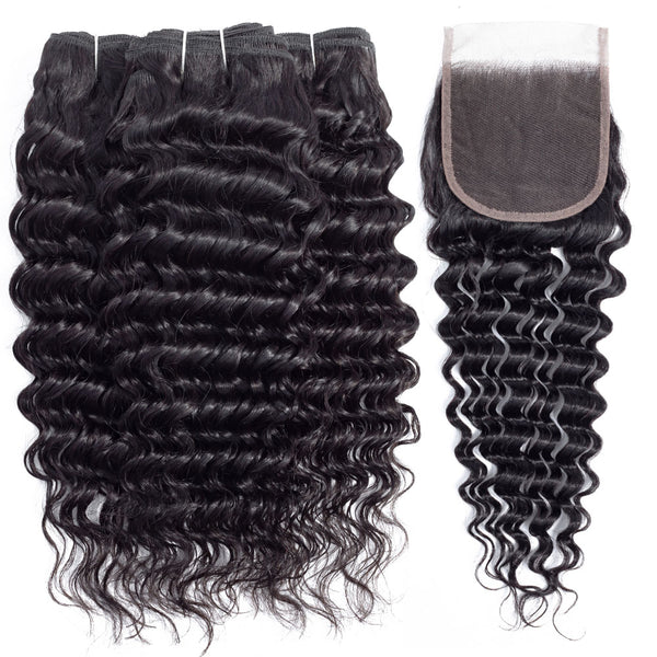 Deep Wave Human Hair Bundle with Closure / 6A Black