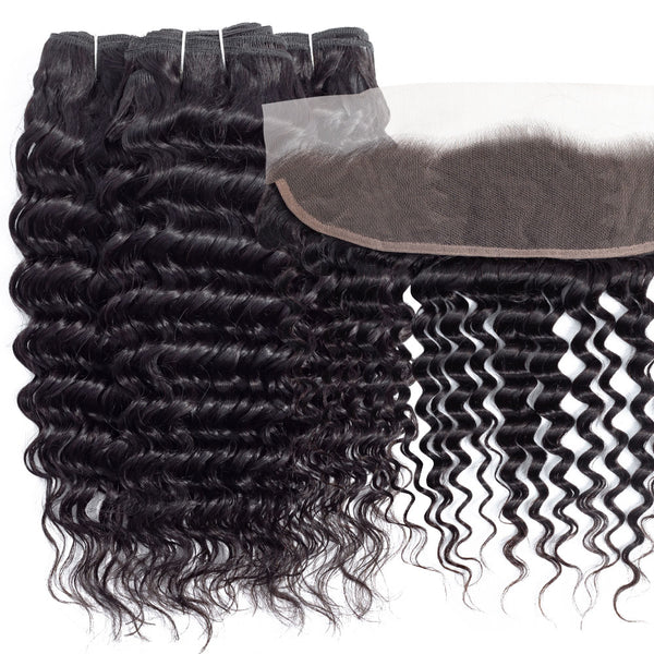 Deep Wave Human Hair Bundle with Frontal / 6A Black