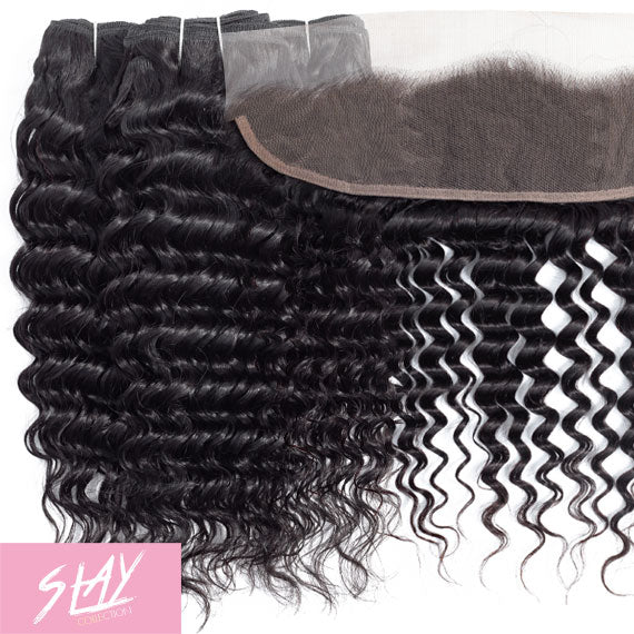 Deep Wave Human Hair Bundle with Frontal / 6A Black
