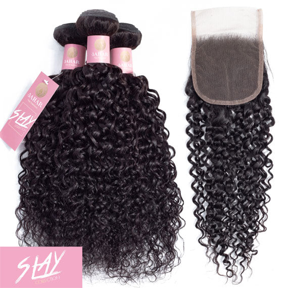 Human Hair Bundle Closure Jerry Curl Black Sahar Hair