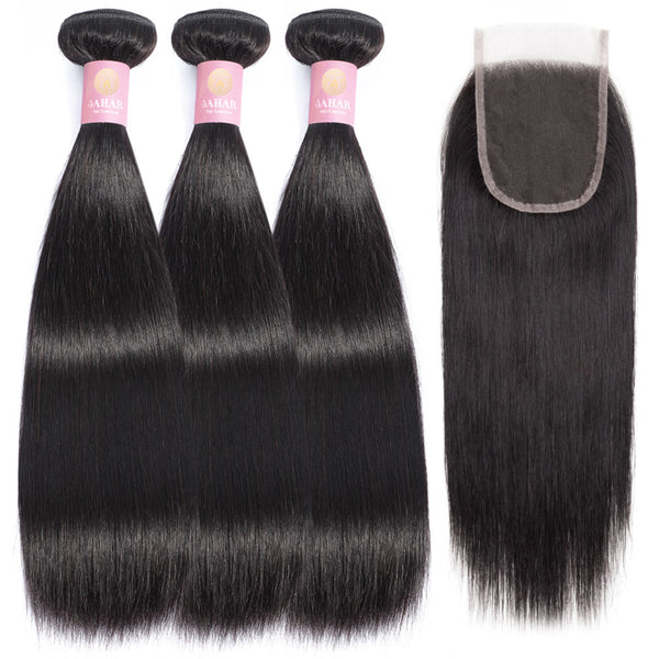 Straight Human Hair Bundle with Frontal / 6A Black