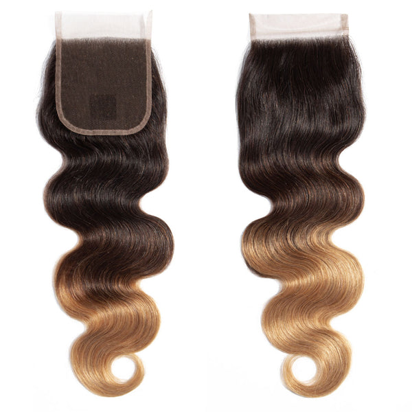 Ombre Chocolate Brown / Strawberry Blonde Remy Hair Closure 4x4 Inch Body Wave - Free Part