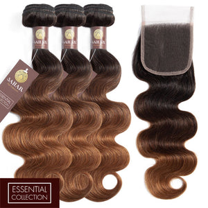Ombre Chocolate Brown / Auburn Remy Hair Bundle with Closure / Body Wave