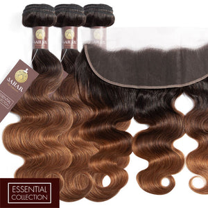 Ombre Chocolate Brown / Auburn Remy Hair Bundle with Frontal / Body Wave