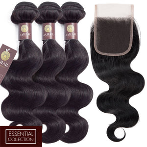 Body Wave Virgin Human Hair Bundle with 4x4 Closure / 8A Natural Black