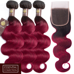 Fuchsia Queen Remy Human Hair Bundle with Closure / Body Wave Dip Dye