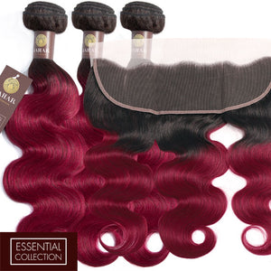 Fuchsia Queen Remy Human Hair Bundle with Frontal / Body Wave Dip Dye