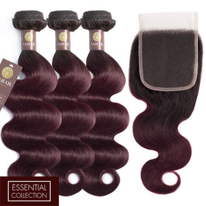 Midnight Red Remy Human Hair Bundle with Closure / Body Wave Dip Dye